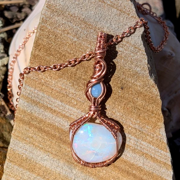 Mystical Opal Amulet Necklace Artisan Copper Wire Wrap With Dainty Chain - Picture 5 of 15